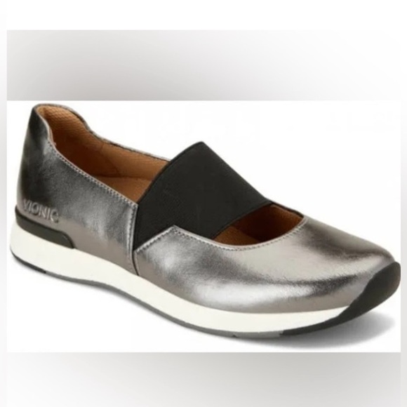 Vionic cadee Women's pewter silver Metallic Slip-On Mary Jane sz 7 elastic strap - Picture 1 of 7